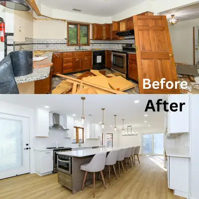 Before and after kitchen remodel: left shows a cluttered, damaged kitchen; right shows a bright, modern white kitchen with an island and new appliances.