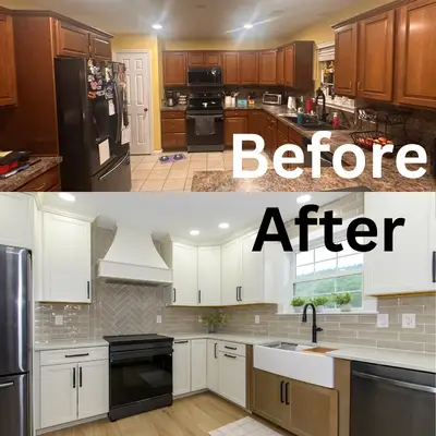 Before and after kitchen: top shows dark wood cabinets and clutter; bottom shows bright white cabinets and updated appliances.